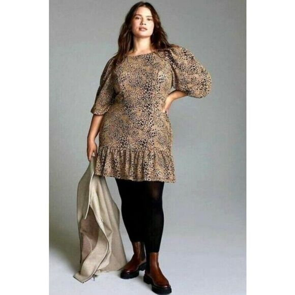 Anthropologie NWT Maeve Leopard Print Cutout Back Ties Mini Ruffle Dress 20W - Picture 1 of 9